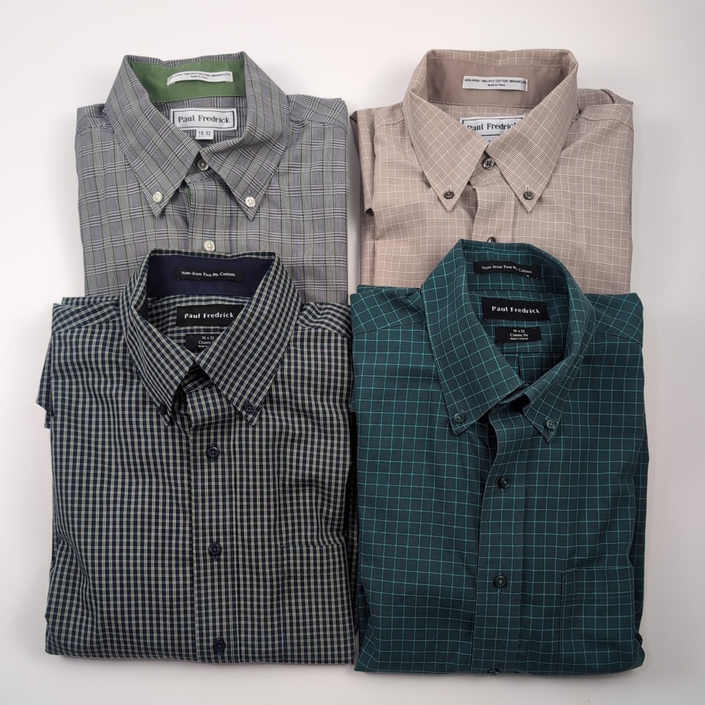 Lot of 4 - Paul Fredrick Men 16x32 Classic Fit Non-Iron Cotton Check Dress Shirt